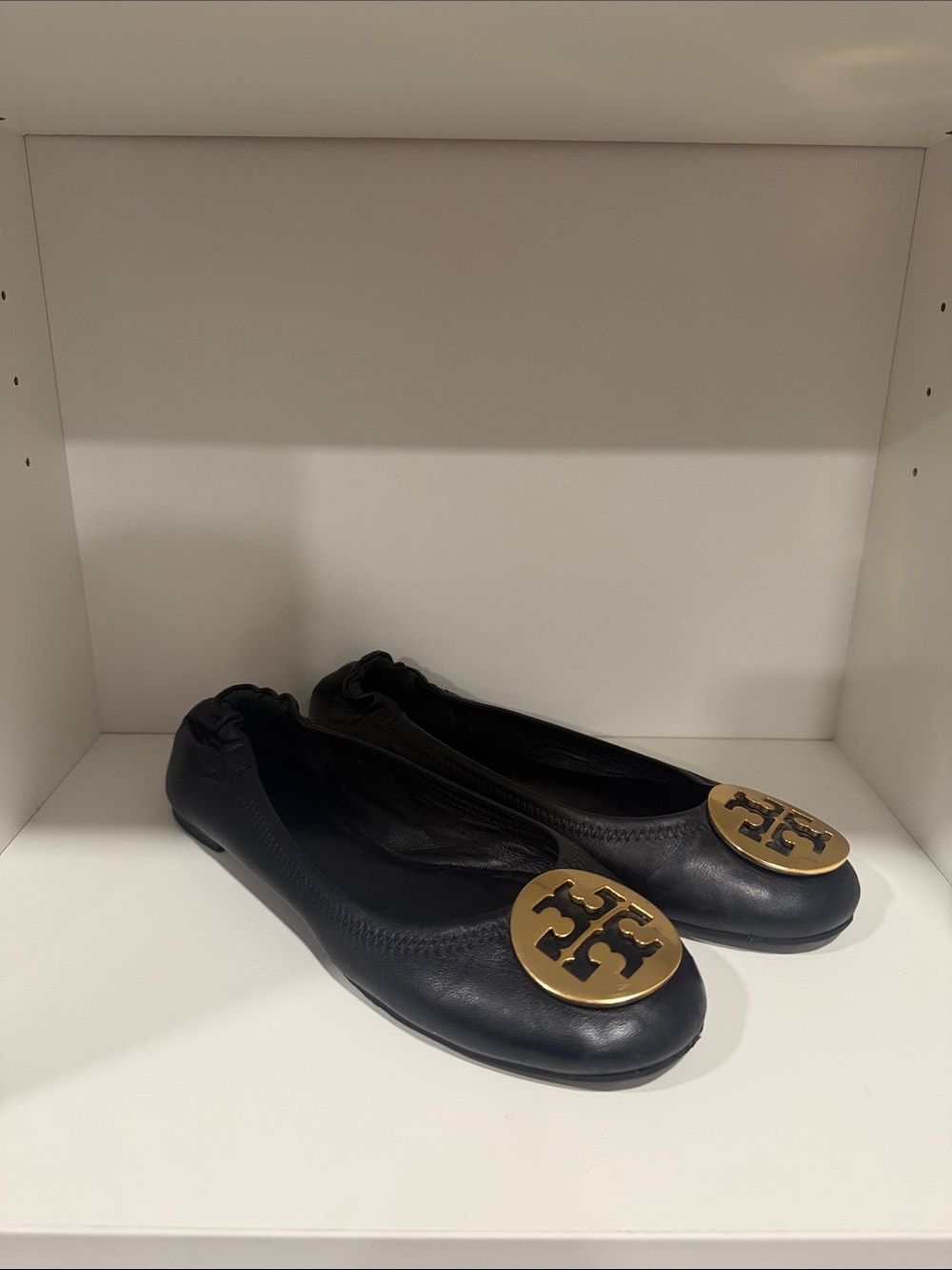 Tory Burch Black Leather Flats with Gold Logo Medallion